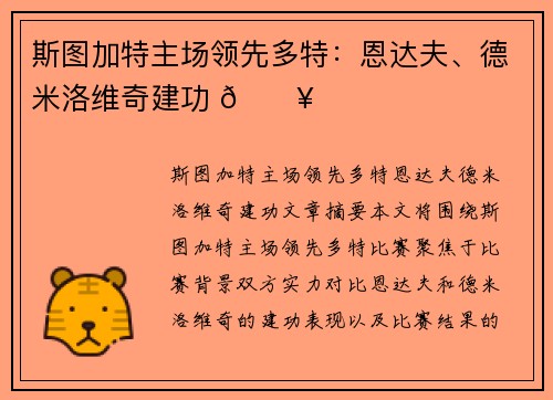 斯图加特主场领先多特：恩达夫、德米洛维奇建功 🔥